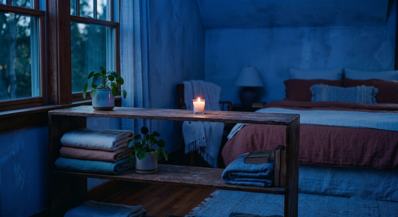 Cozy bedroom scene with a lit candle on a wooden shelf, a potted plant, folded towels, and a bed with red linens in blue lighting.