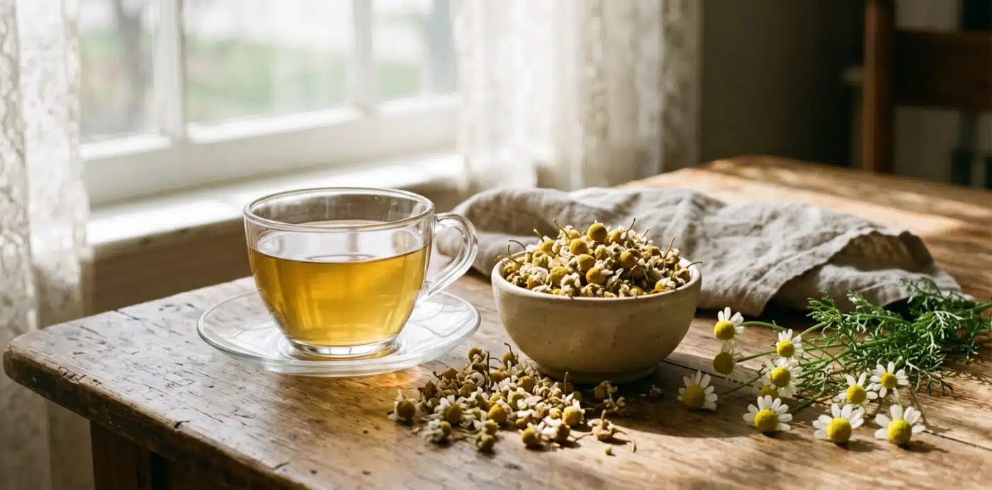 Chamomile Tea and Dried Chamomile Flowers Plentiful Earth | Global Spirituality A glass cup of chamomile tea beside a bowl of dried chamomile flowers and fresh chamomile stems on a wooden table in morning light