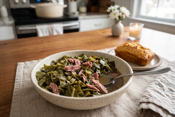 Collard Greens for New Years Plentiful Earth | Global Spirituality Bowl of Southern collard greens with pulled ham hock in pot likker, with a small cornbread loaf