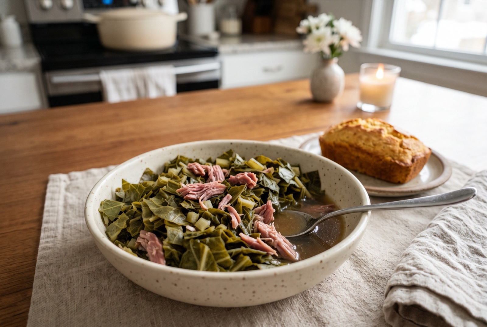 Bowl of Southern collard greens with pulled ham hock in pot likker, with a small cornbread loaf