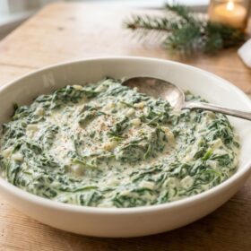 Creamed Spinach With Cream Cheese Plentiful Earth | Global Spirituality Bowl of creamy homemade creamed spinach dusted with nutmeg on a wooden table with an evergreen sprig and a lit candle