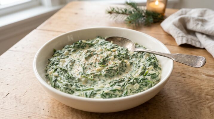 Creamed Spinach With Cream Cheese Plentiful Earth | Global Spirituality Bowl of creamy homemade creamed spinach dusted with nutmeg on a wooden table with an evergreen sprig and a lit candle