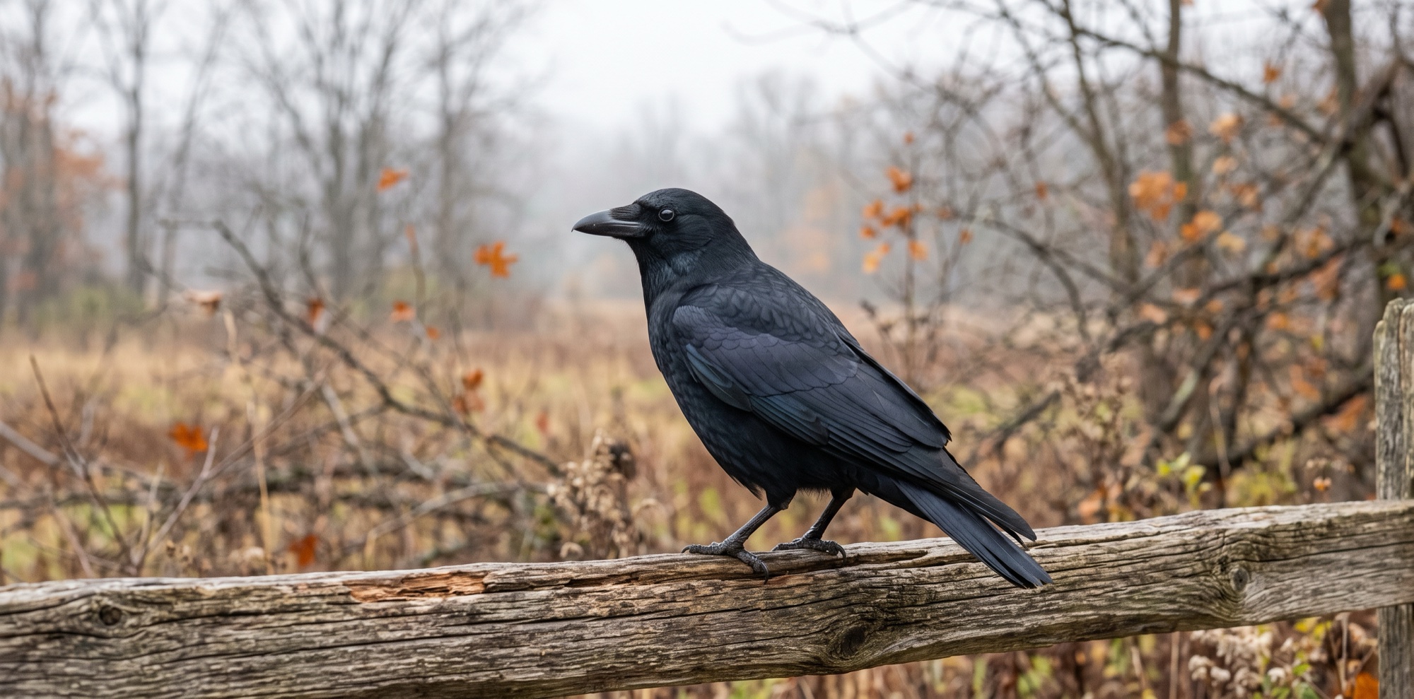 An American crow with glossy black feathers perched on a weathered fence rail in a misty autumn field.