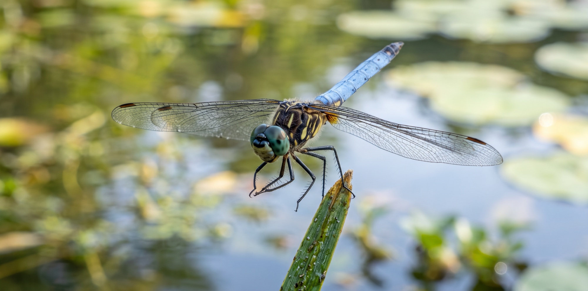 A male blue dasher dragonfly with a powder-blue tail and clear wings perched on a reed over a pond.