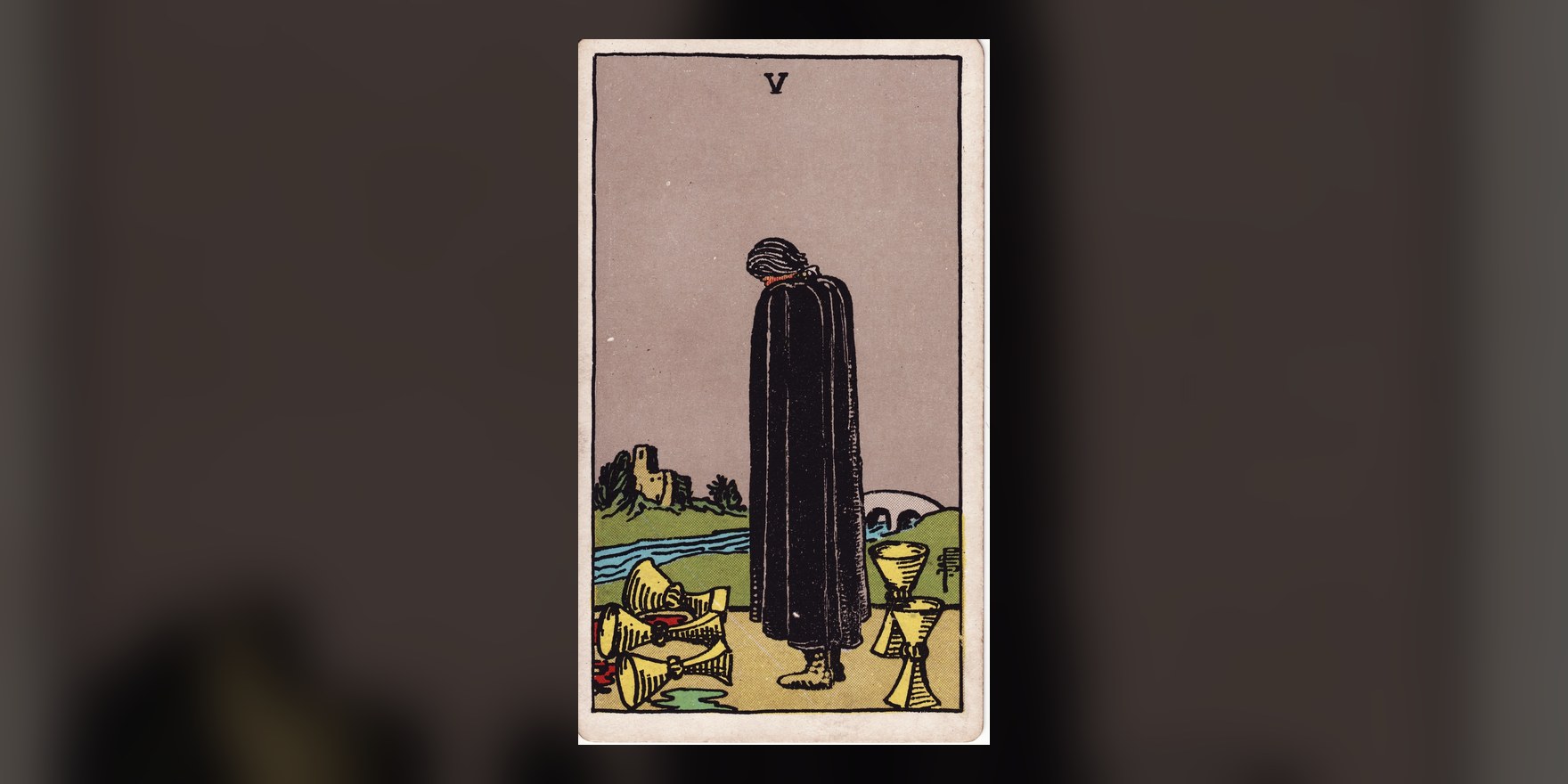 The Five of Cups tarot card from the 1909 Rider-Waite-Smith deck, centered on a dark background