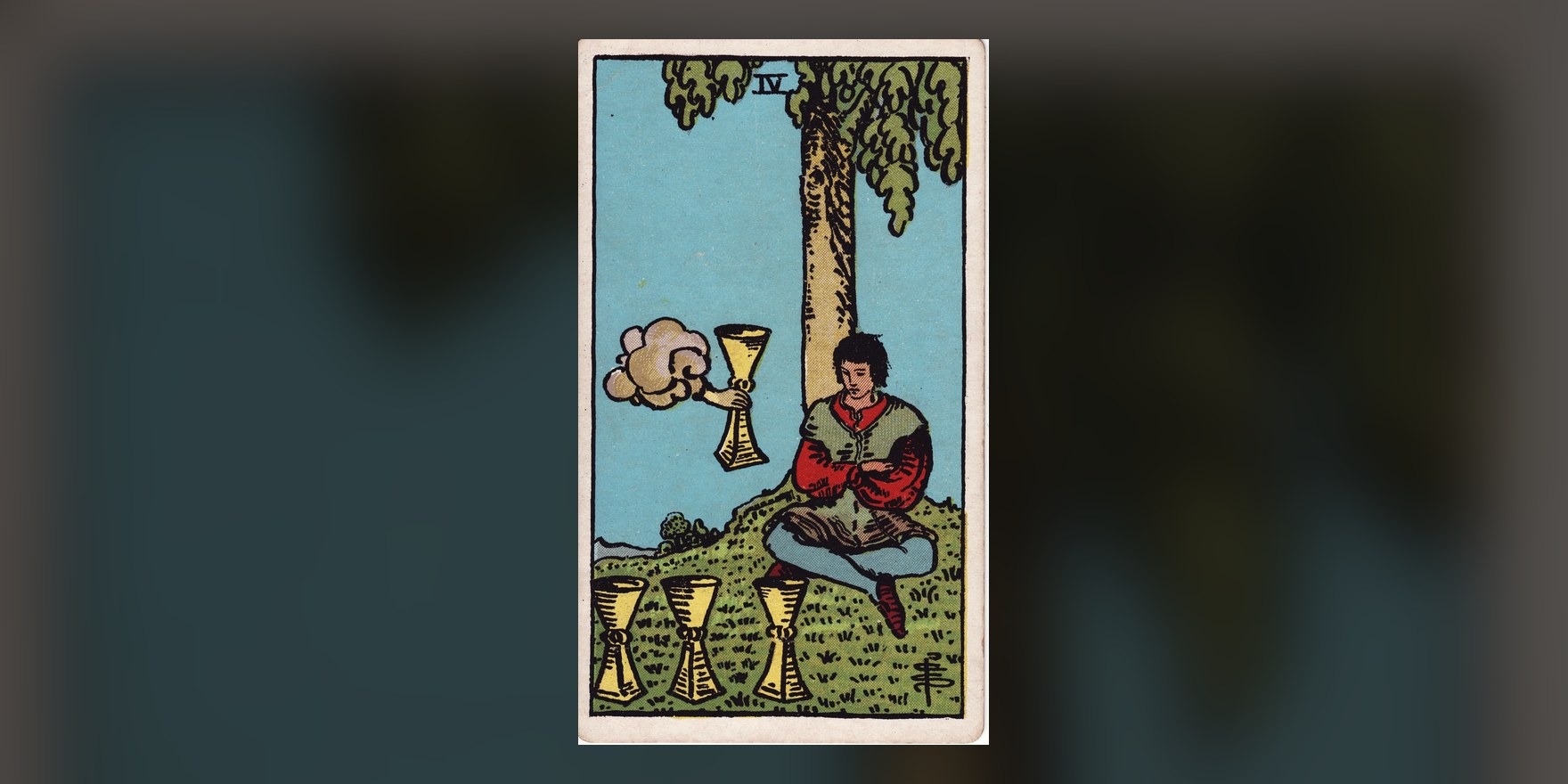 The Four of Cups tarot card from the 1909 Rider-Waite-Smith deck, centered on a dark background