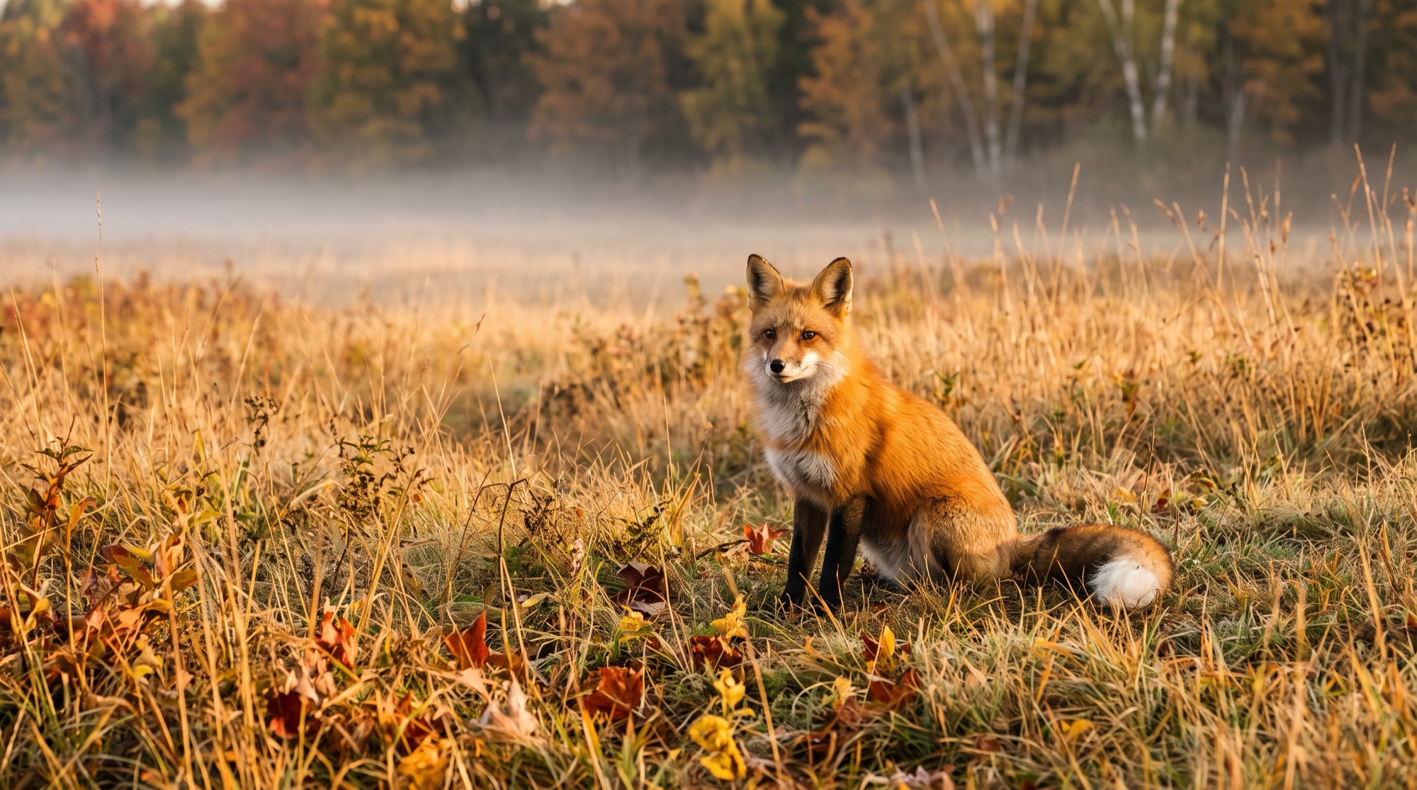A red fox with a white chest and white-tipped tail sitting in a misty autumn meadow at sunrise among dry grass and fallen leaves.
