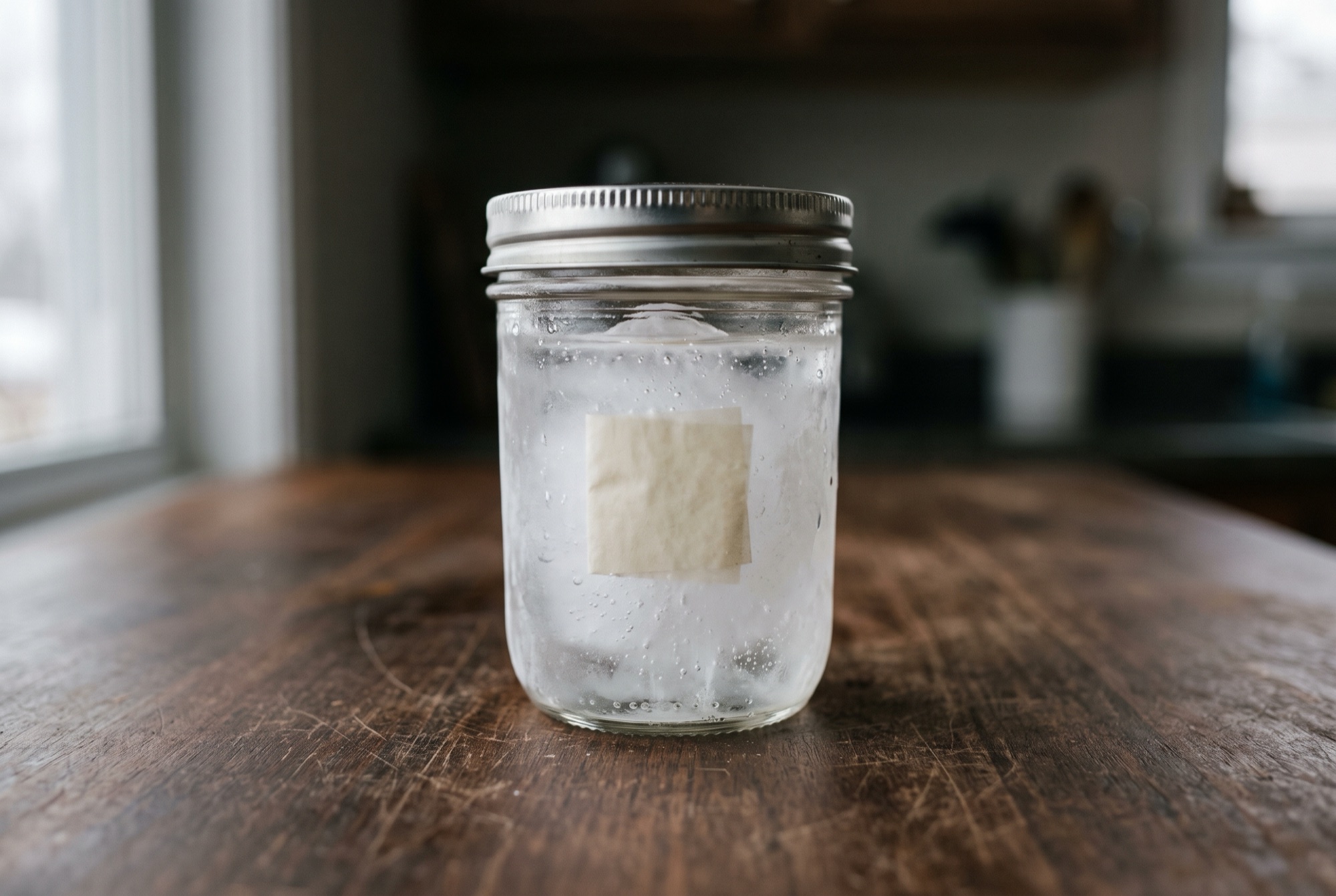 A small glass jar of frozen water with a folded square of parchment held inside the ice.