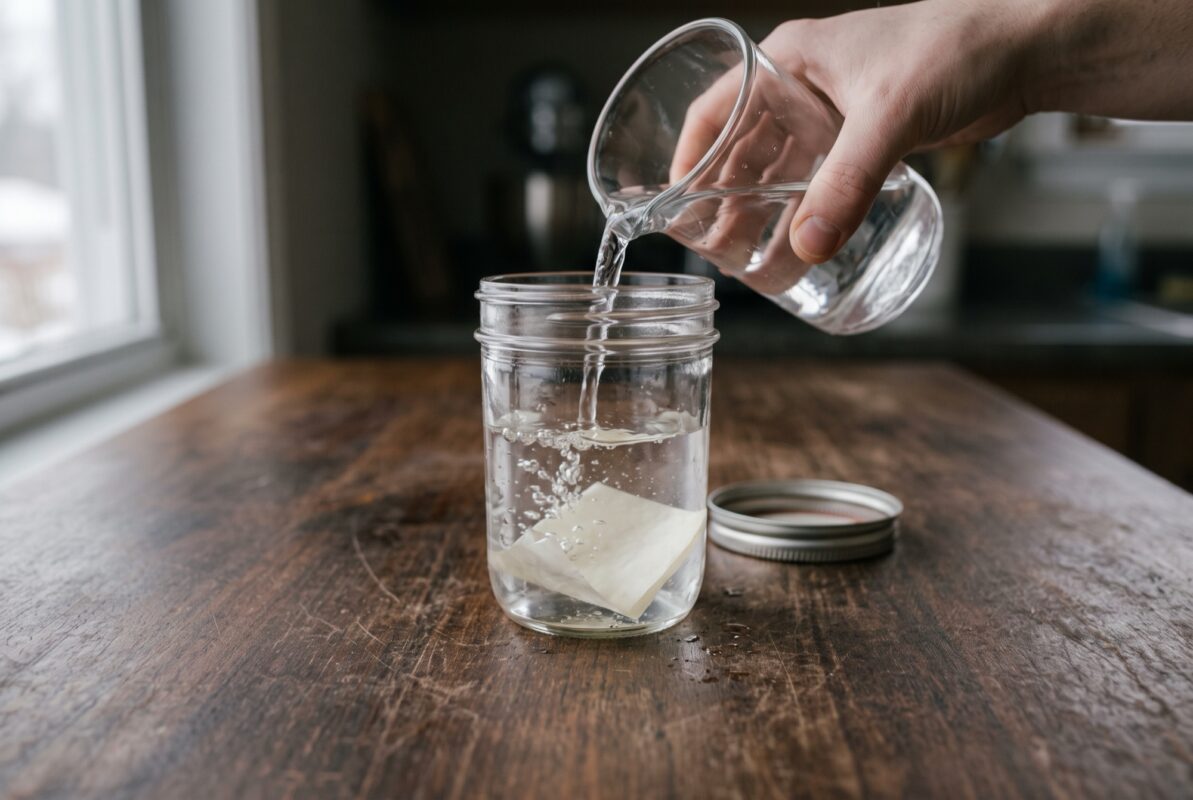 Water being poured into a glass jar over a folded square of parchment.