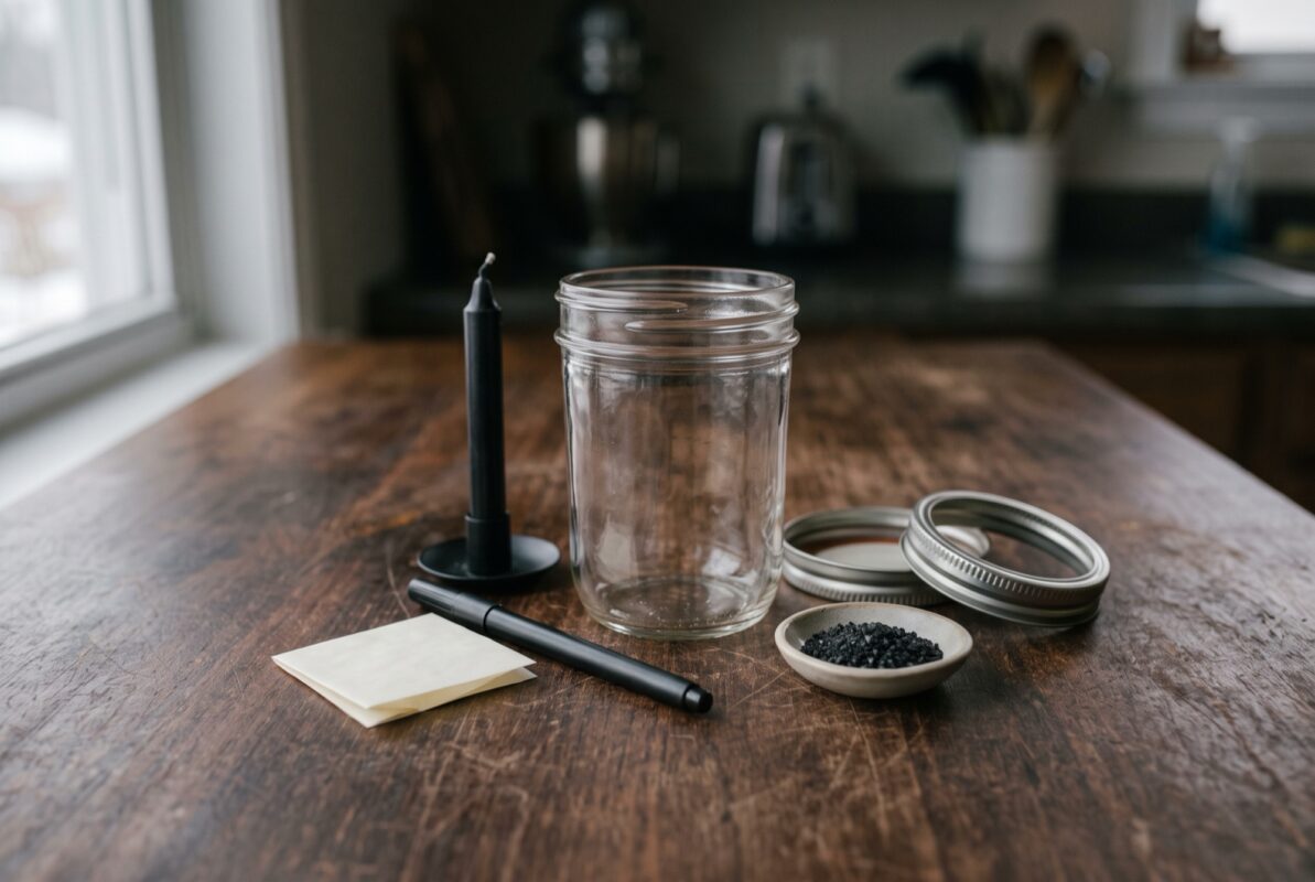 An empty glass jar with its lid, folded parchment, a pen, a black chime candle, and a dish of black salt on a wooden counter.