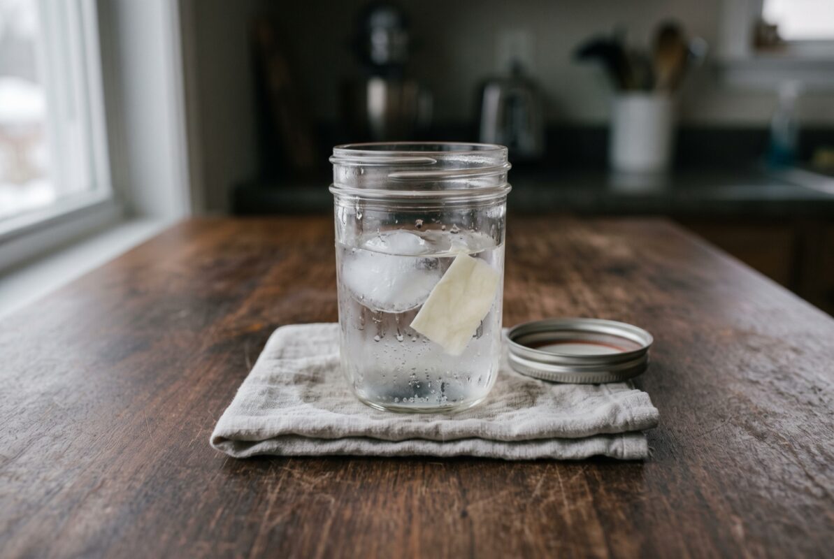 A half-thawed freezer spell jar on a linen towel, with the parchment floating loose.
