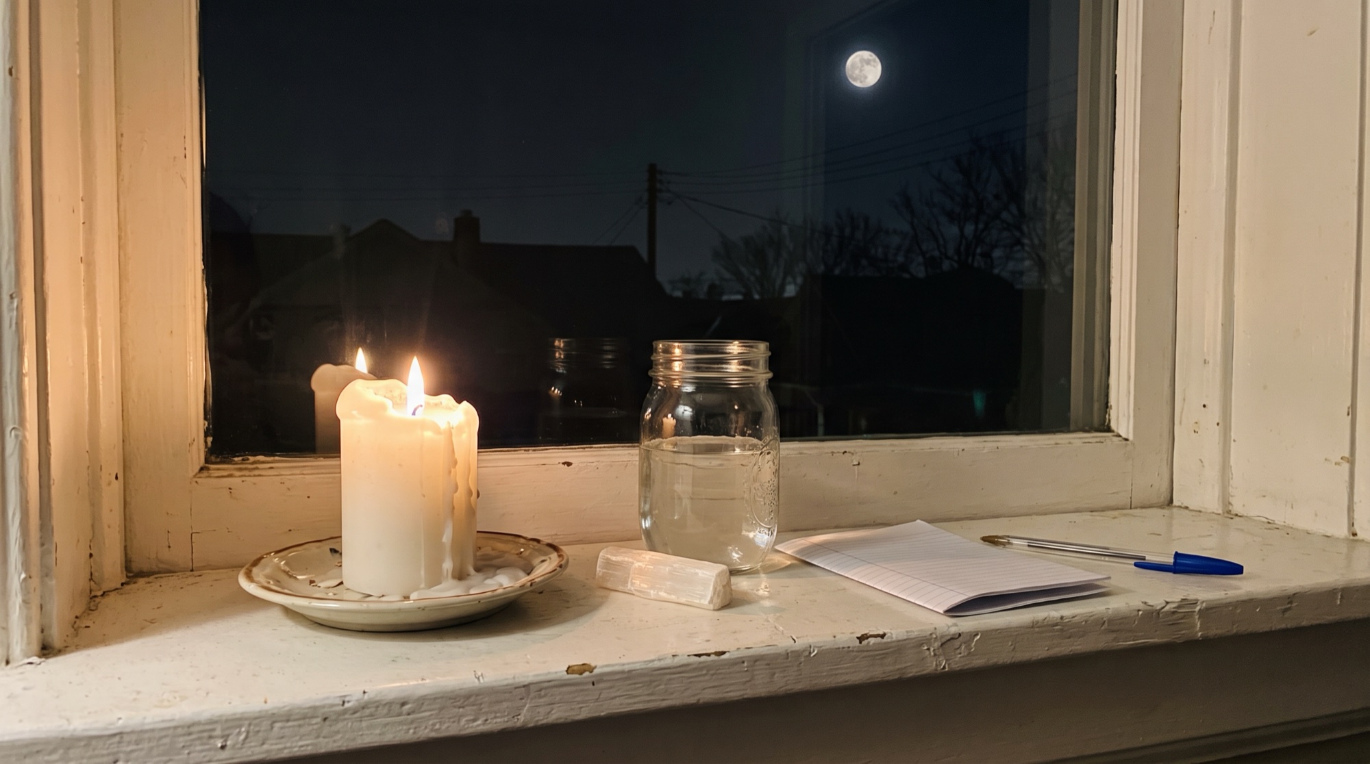 A lit white pillar candle on a saucer, a mason jar of water, a selenite stick, and folded notebook paper on a painted windowsill at night, with a full moon in the window.