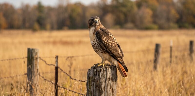 hawkspiritualmeaningredtailedhawk Plentiful Earth | Global Spirituality A red tailed hawk with a rust colored tail perched on a weathered fence post in a golden autumn field