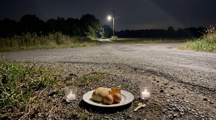 Nighttime outdoor picnic on a gravel road with a plate of bread eggs honey candles and a key in the foreground under streetlights in a rural setting