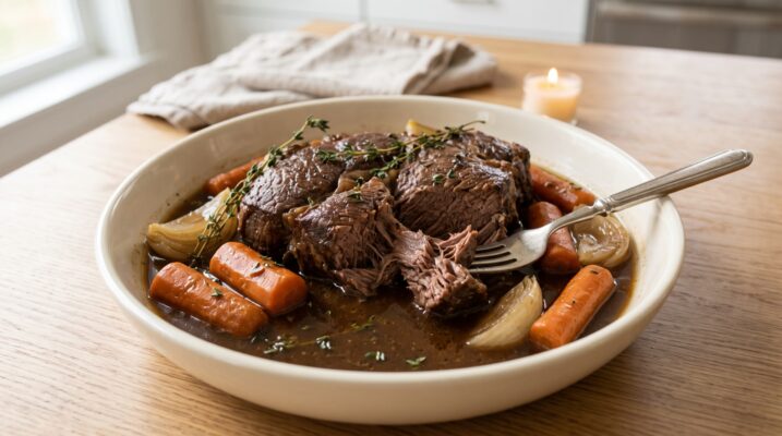Instant Pot Pot Roast Plentiful Earth | Global Spirituality Tender Instant Pot pot roast pulled apart with a fork in dark broth with carrots, onion wedges, and fresh thyme