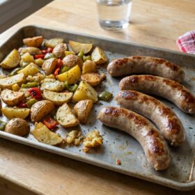 Seared Italian sausage links with roasted potatoes and bits of red and green bell pepper on a sheet pan