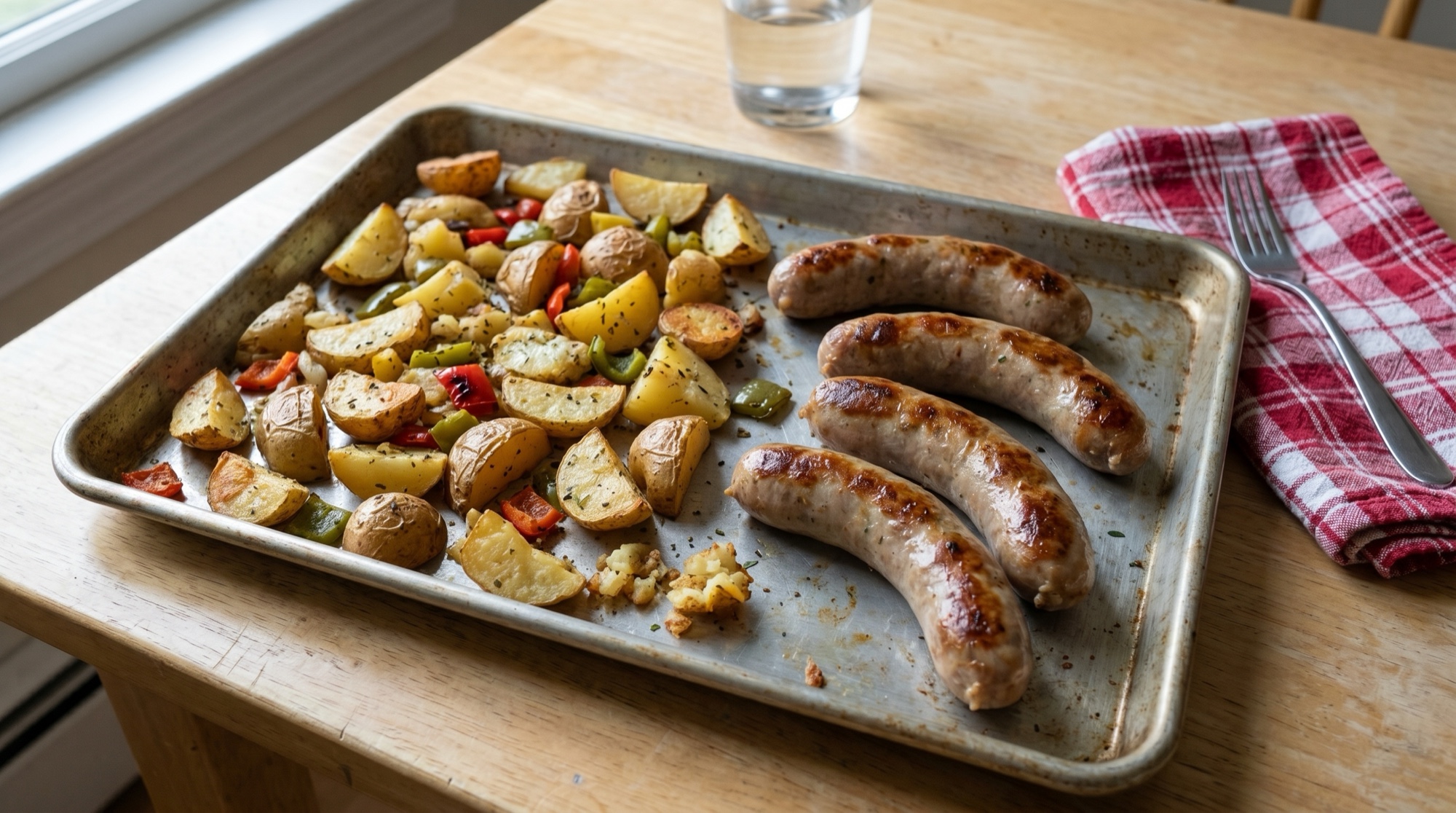 Seared Italian sausage links with roasted potatoes and bits of red and green bell pepper on a sheet pan