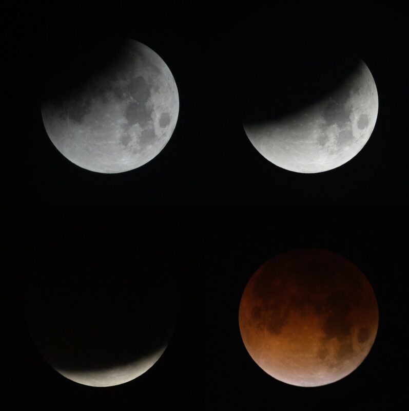 Four photos of the March 2026 lunar eclipse in sequence, as Earth's shadow slides across the full moon until the whole moon glows dark orange-red.
