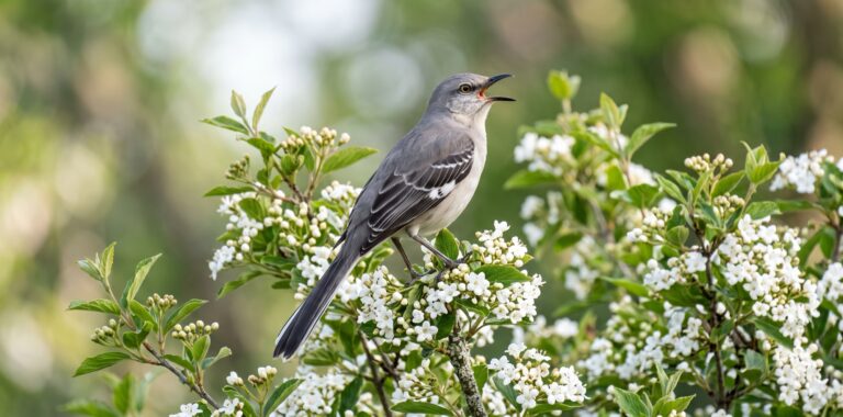 A northern mockingbird singing from the top of a white flowering shrub in spring.