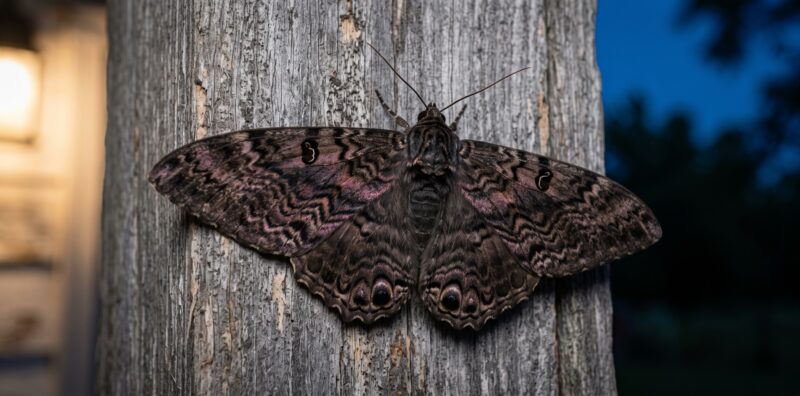 mothspiritualmeaningblackwitchmoth Plentiful Earth | Global Spirituality A black witch moth with dark wavy patterned wings and a purple sheen resting on a weathered wooden door frame at dusk