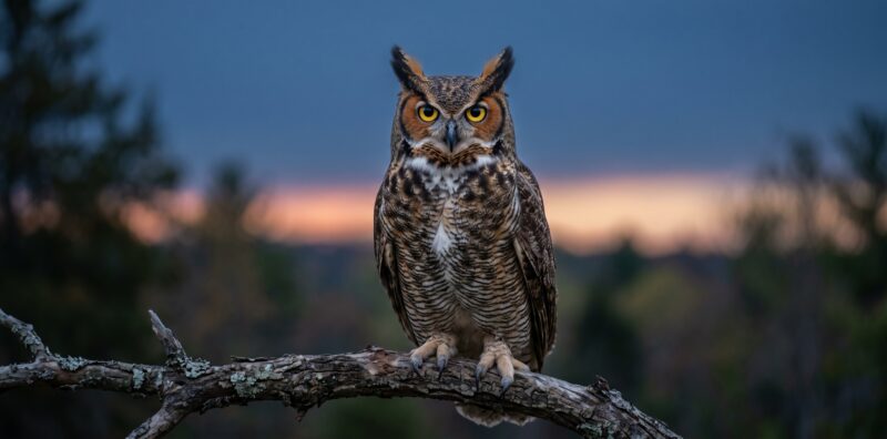 owlspiritualmeaninggreathornedowl Plentiful Earth | Global Spirituality A great horned owl with yellow eyes and ear tufts perched on a bare branch at dusk