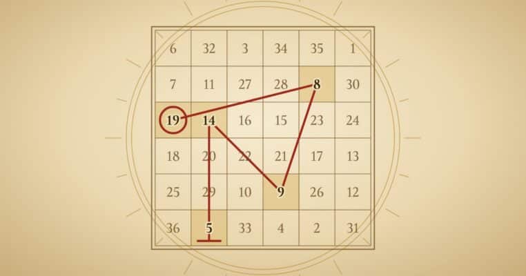 Magic Square of the Sun Plentiful Earth | Global Spirituality The 6 by 6 magic square of the Sun on parchment with the word SHINE traced as a red sigil through 19 8 9 14 and 5