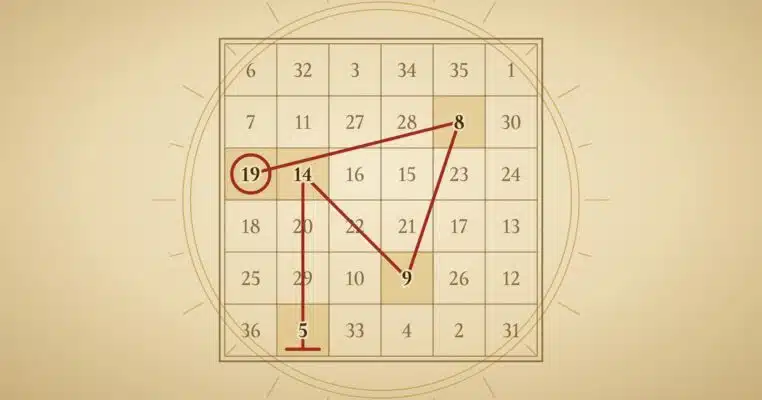 Magic Square of the Sun Plentiful Earth | Global Spirituality The 6 by 6 magic square of the Sun on parchment with the word SHINE traced as a red sigil through 19 8 9 14 and 5