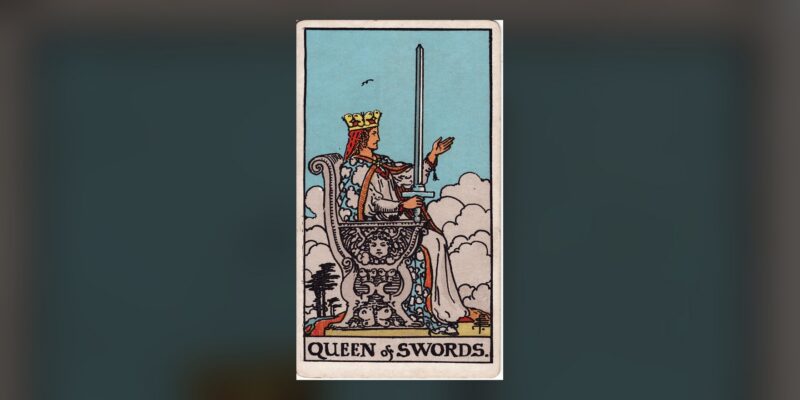 Queen of Swords tarot card Plentiful Earth | Global Spirituality The Queen of Swords tarot card from the 1909 Rider-Waite-Smith deck, centered on a dark background