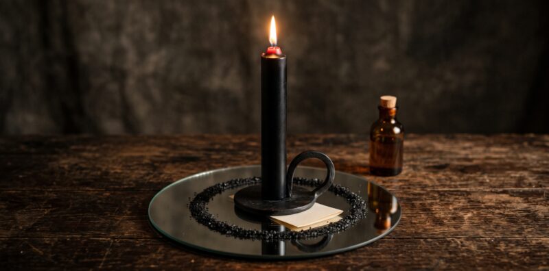 Return to sender spell reversing candle on a mirror Plentiful Earth | Global Spirituality A lit black over red reversing candle in an iron holder on a mirror ringed with black salt set up for a return to sender spell