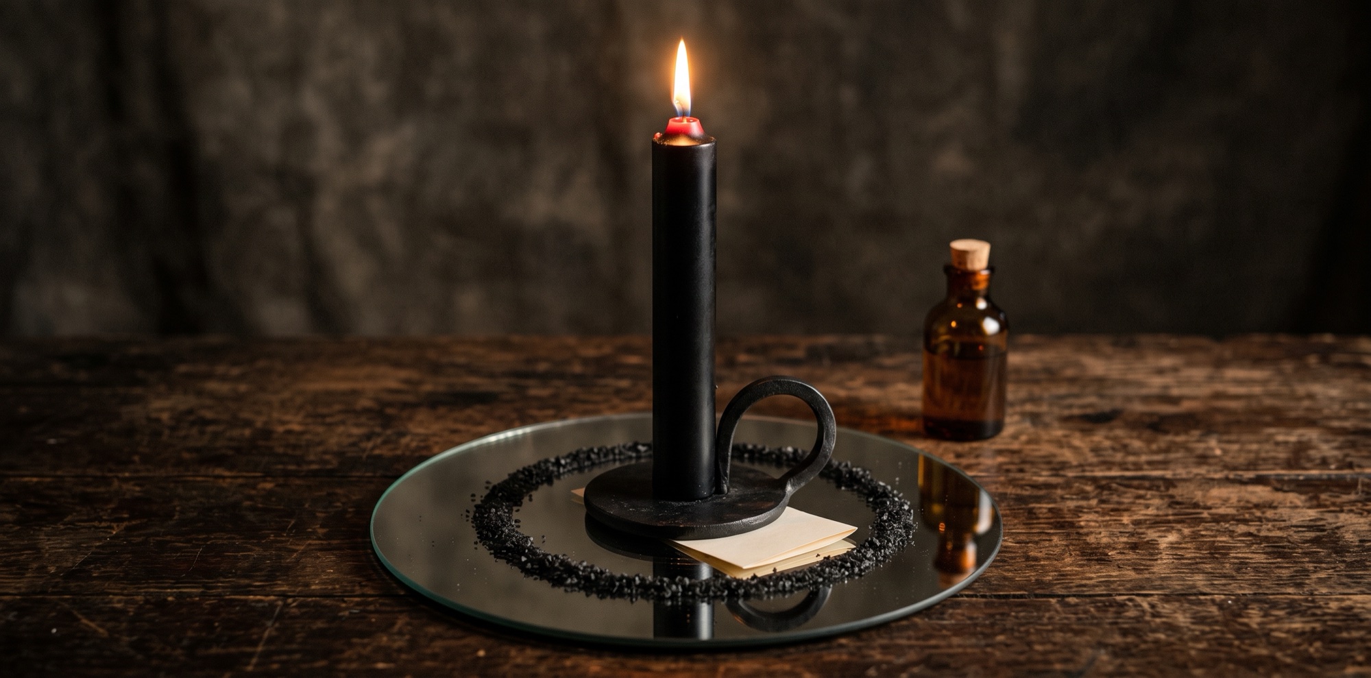A lit black-over-red reversing candle in an iron holder on a mirror, ringed with black salt, set up for a return to sender spell.