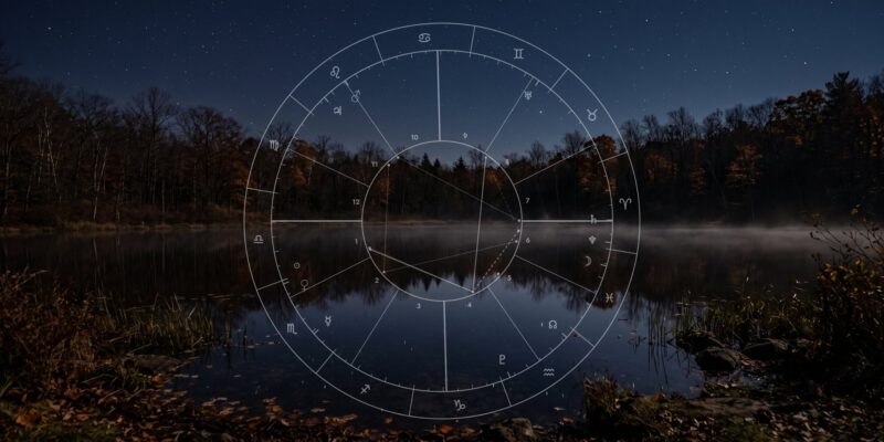Scorpio Season 2026 Plentiful Earth | Global Spirituality An astrology chart for the start of Scorpio season drawn over a still forest lake at night with autumn trees and mist