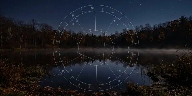 Scorpio Season 2026 Plentiful Earth | Global Spirituality An astrology chart for the start of Scorpio season drawn over a still forest lake at night with autumn trees and mist