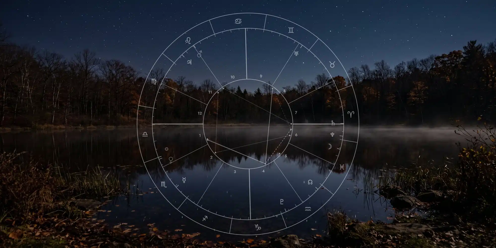 An astrology chart for the start of Scorpio season drawn over a still forest lake at night with autumn trees and mist.