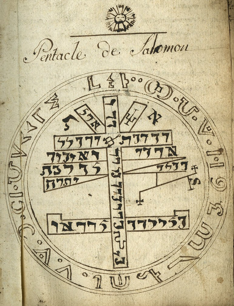 Hand-drawn Pentacle of Solomon inside a circle of Hebrew letters, from a French manuscript of The True Keys of Solomon, 1775–76