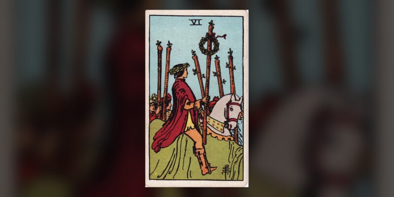 Six of Wands tarot card Plentiful Earth | Global Spirituality The Six of Wands tarot card from the 1909 Rider-Waite-Smith deck, centered on a dark background