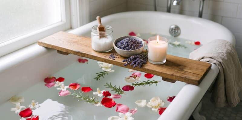 Spiritual Bath with Rose Petals Rosemary Salt and Lavender Plentiful Earth | Global Spirituality A white clawfoot tub with rose petals white flowers and rosemary floating in the water and a wooden tray holding a jar of sea salt a bowl of dried lavender and a lit candle