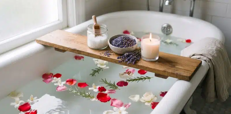 Spiritual Bath with Rose Petals Rosemary Salt and Lavender Plentiful Earth | Global Spirituality A white clawfoot tub with rose petals white flowers and rosemary floating in the water and a wooden tray holding a jar of sea salt a bowl of dried lavender and a lit candle