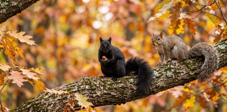 A black squirrel holding an acorn beside a gray squirrel on an oak branch in autumn.