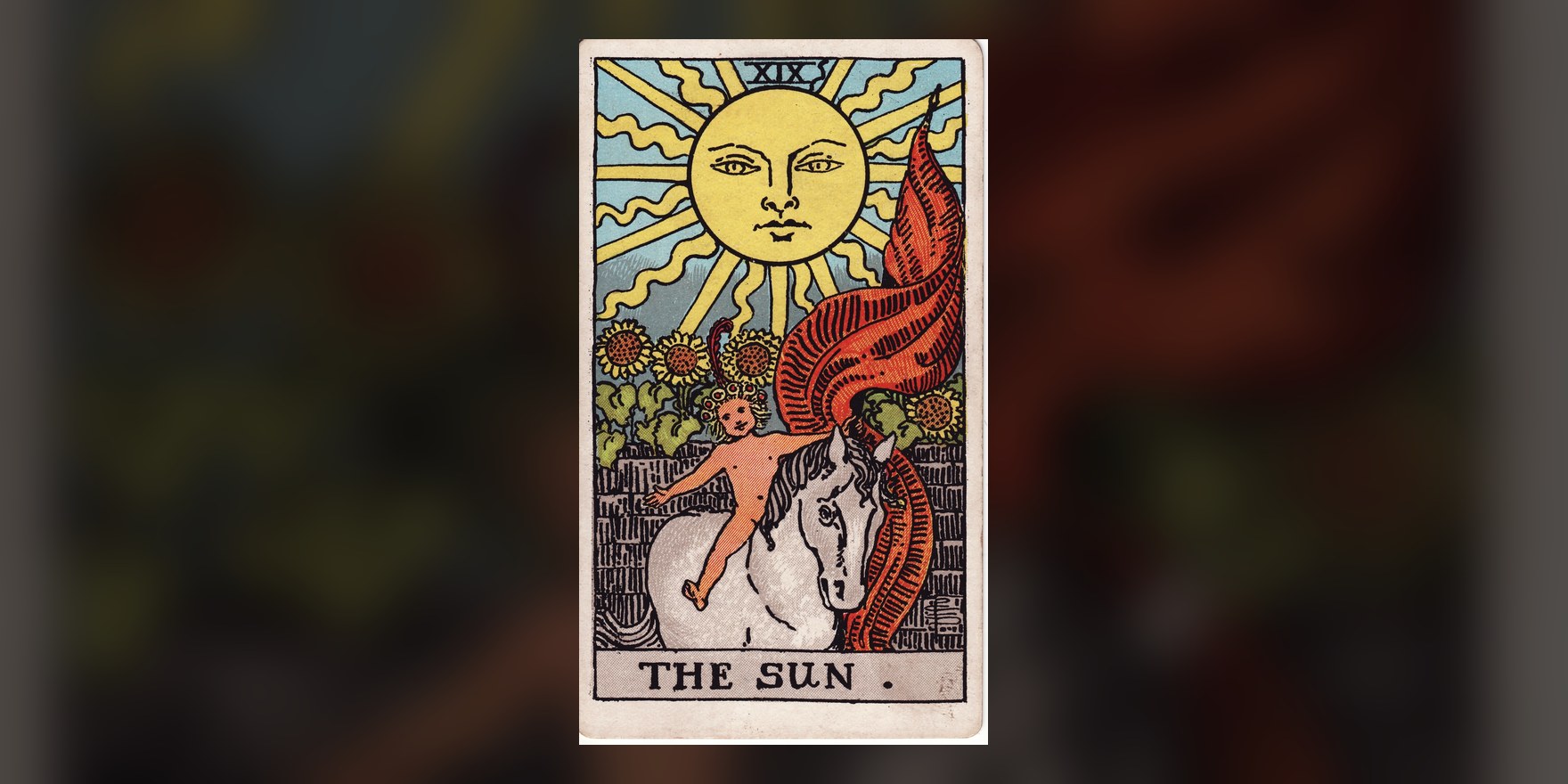 The Sun tarot card from the 1909 Rider-Waite-Smith deck, centered on a dark background