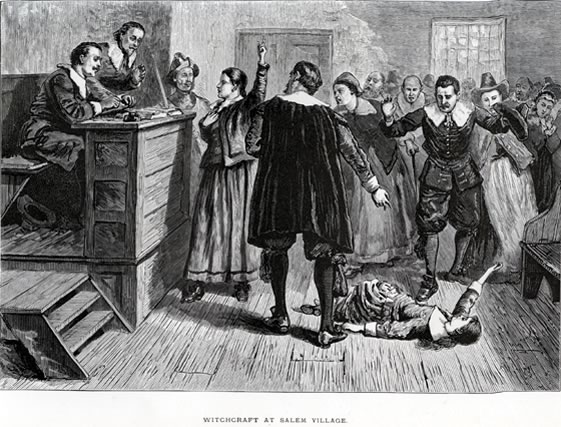 Witchcraft at Salem Village 1876 Plentiful Earth | Global Spirituality An 1876 engraving of a Salem witchcraft examination, with an accuser pointing and a girl lying on the floor before the magistrates.