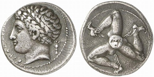 Silver drachma of Syracuse with triskeles Plentiful Earth | Global Spirituality Both sides of an ancient silver coin from Syracuse: a laureate head on one side and three running legs, a triskeles, on the other