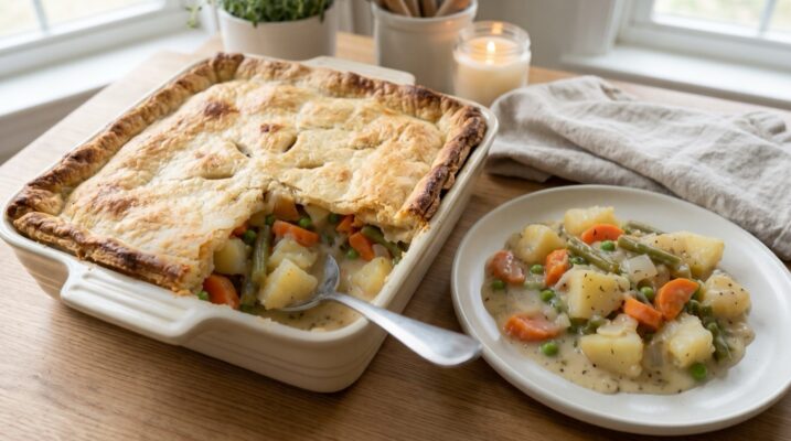 Vegetable Pot Pie Plentiful Earth | Global Spirituality Homemade vegetable pot pie in a square baking dish with a golden crust, with a serving of potatoes, carrots, peas, and green beans in creamy sauce on a plate