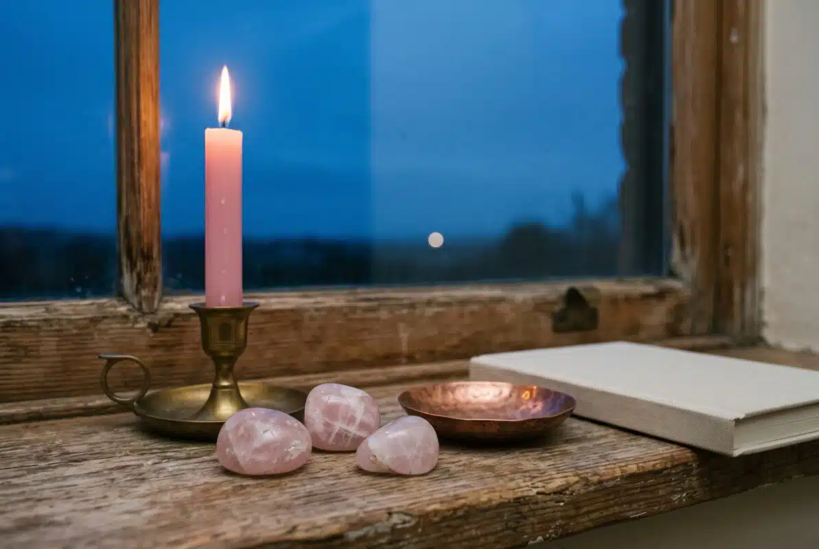 Venus retrograde Friday ritual Plentiful Earth | Global Spirituality A pink candle three tumbled rose quartz stones a copper dish and a closed notebook on a windowsill at dusk