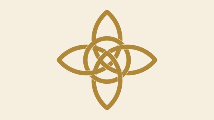 Witchs knot drawing Plentiful Earth | Global Spirituality A gold witch's knot: four pointed loops woven over and under a circle, on a parchment background