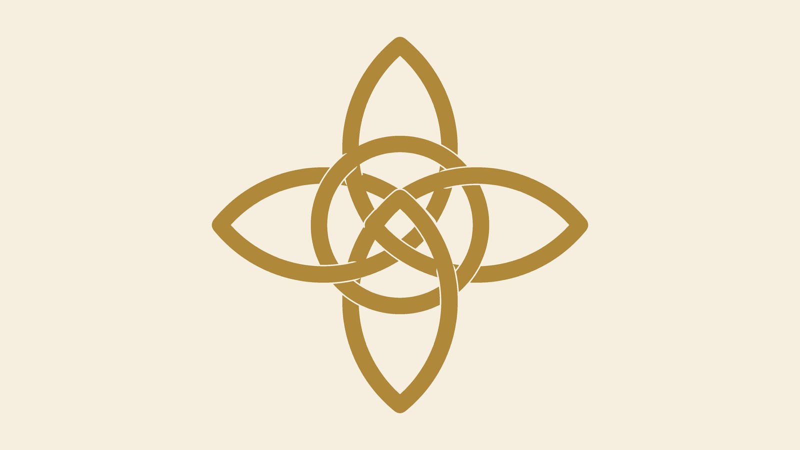 A gold witch's knot: four pointed loops woven over and under a circle, on a parchment background