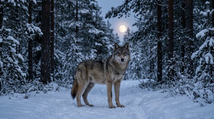 wolfspiritualmeaning Plentiful Earth | Global Spirituality A gray wolf standing on a snowy forest path at dusk looking toward the camera with a full moon glowing through the pine trees behind it